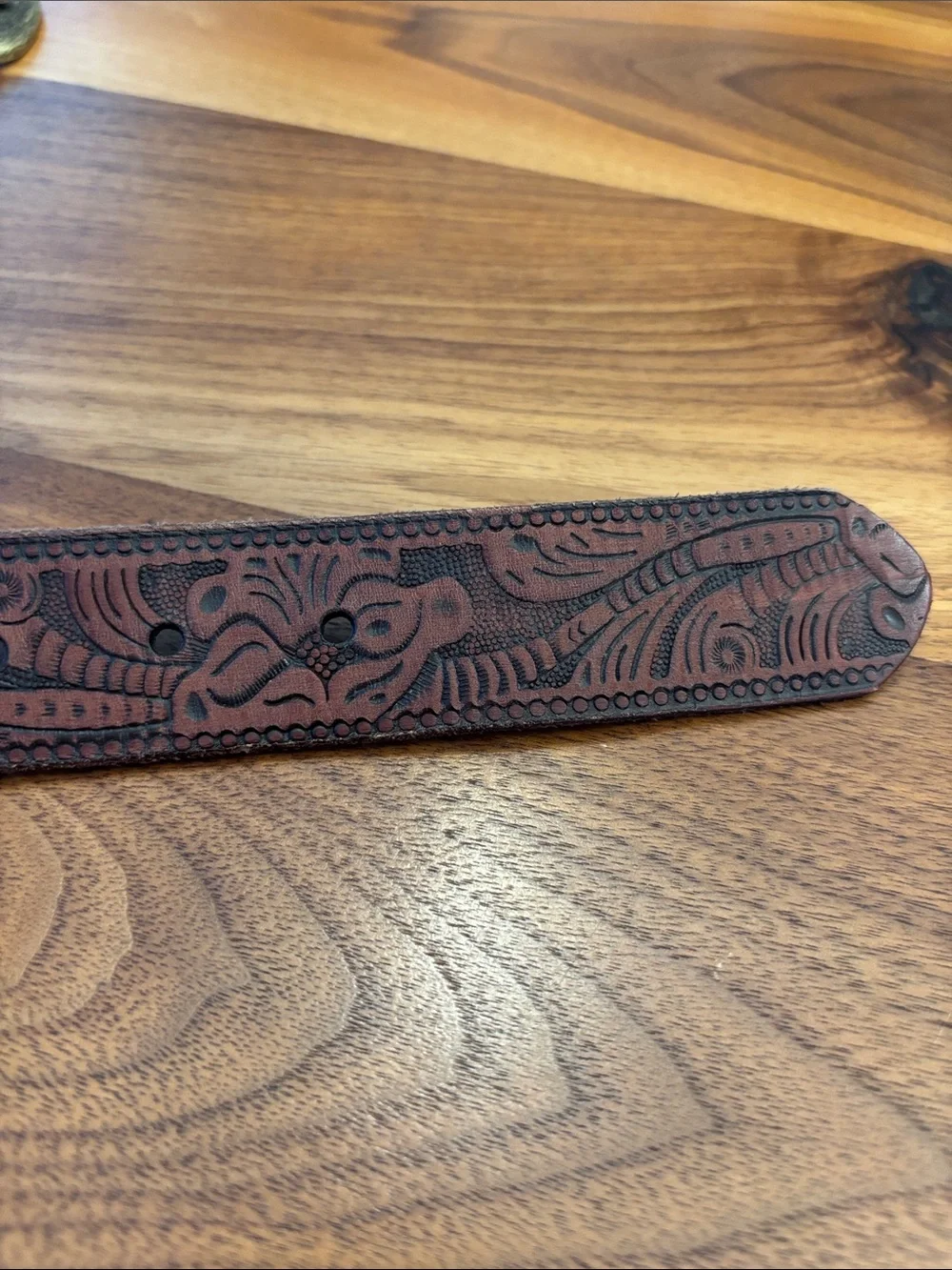 Western Brown Leather Tooled Belt with Brass Tone Buckle 34” Unisex